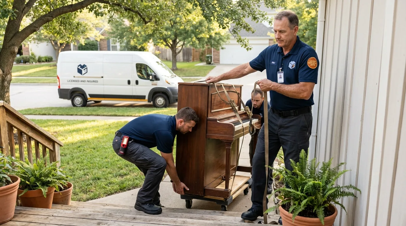 Licensed piano movers securing grand piano in Hornell, NY
