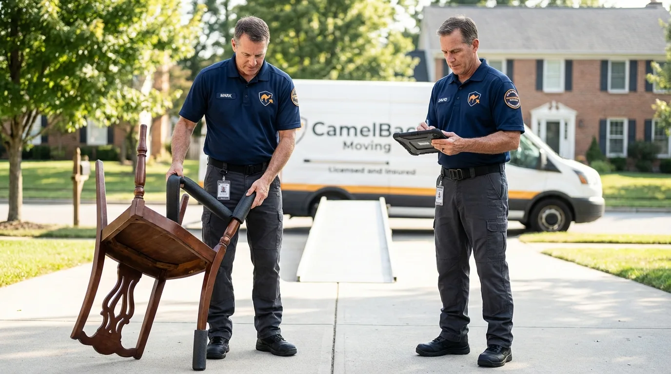 Movers inspecting furniture for damage prevention before loading in Hornell, NY