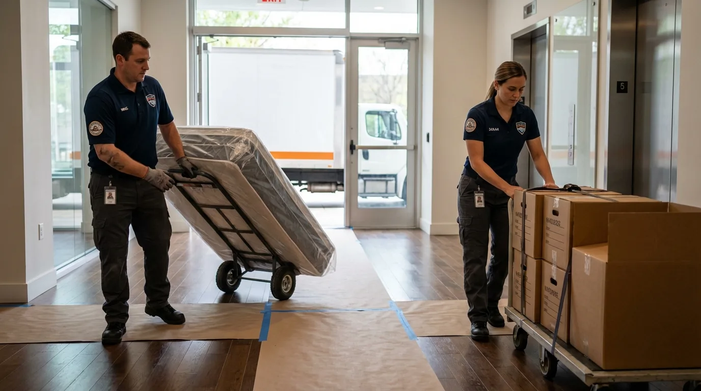 Professional apartment movers loading elevator in Hornell, NY