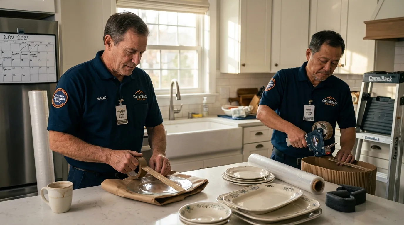 Professional crew packing kitchen dishware in Hornell, NY
